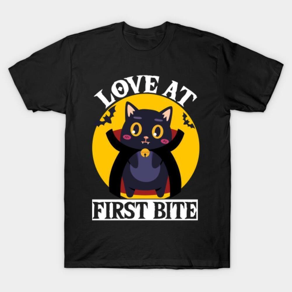 Black Bat Cat Love At First Bite Halloween Tshirt